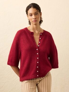 Faherty Apres Alpaca Short Sleeve Cardigan in Wine Rust Size XS